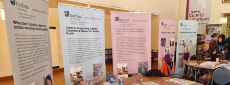 A row of banner stands from Durham University